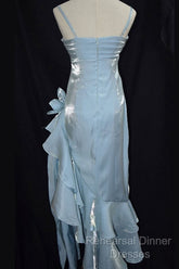 Retro Baby Blue Vintage Floral Dress Asymmetrical Hem Semi Formal Prom Gown